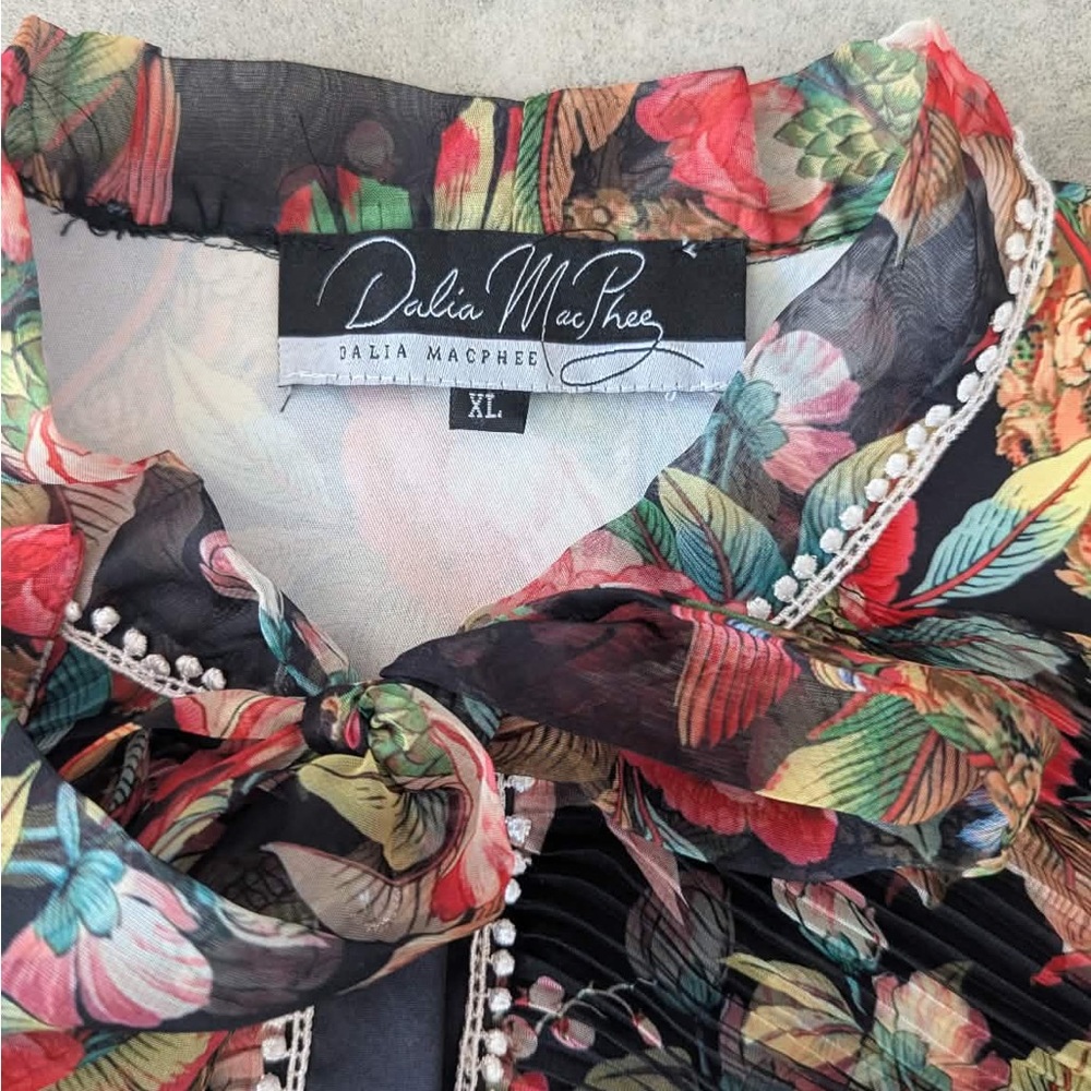 Dalia MacPhee Floral Dress XL Pleated Tie Neck Boho Romantic - Picture 5 of 13